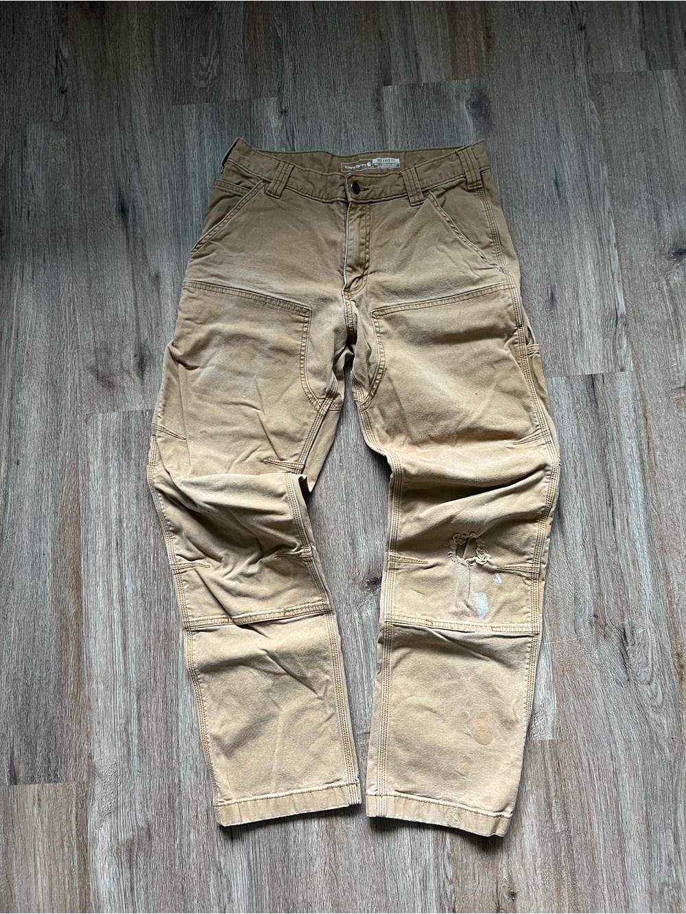 Men's carhartt Disstressed tan Work Pants with Reinforced Knees